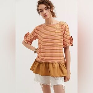 Anthropologie Maeve Ruffled Peplum Top in Neutral Motif Orange Brown Striped